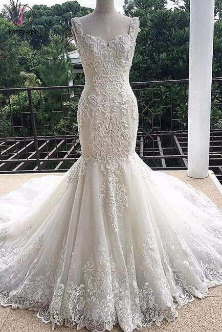 Gorgeous Mermaid Sweetheart Sleeveless Lace Tulle Long Wedding Dress,Lace Bridal Dress KPW0097