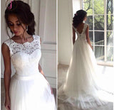 White Scoop Sleeveless Tulle Sweep Train Beach Wedding Dress with Lace Top,Bridal Gown KPW0098