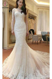 Ivory Long Sleeves Mermaid Lace Appliques Tulle Wedding Dress with Train,Beach Wedding Dress KPW0099