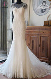 Ivory Long Sleeves Mermaid Lace Appliques Tulle Wedding Dress with Train,Beach Wedding Dress KPW0099
