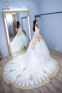Princess Ball Gown Strapless Court Train White Tulle Wedding Dress with Gold Lace,bridal dress KPW0100
