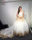 Princess Ball Gown Strapless Court Train White Tulle Wedding Dress with Gold Lace,bridal dress KPW0100