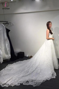 A-line White Princess Strapless Open Back Lace Beach Wedding Dress Court Train,Bridal dress KPW0101