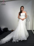 A-line White Princess Strapless Open Back Lace Beach Wedding Dress Court Train,Bridal dress KPW0101