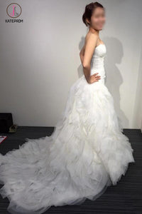 A-line White Princess Strapless Sweetheart Ruffles Tulle Long Beach Wedding Dress KPW0102