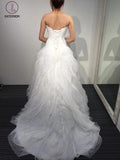 A-line White Princess Strapless Sweetheart Ruffles Tulle Long Beach Wedding Dress KPW0102