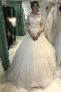 Ball Gown Ivory Off-the-shoulder 3/4 Sleeves Tulle Bridal Dress,Lace Beach Wedding Dress KPW0103