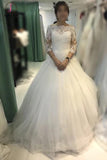 Ball Gown Ivory Off-the-shoulder 3/4 Sleeves Tulle Bridal Dress,Lace Beach Wedding Dress KPW0103