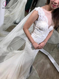 Trumpet Floor-length Sheer Sleeveless Lace Appliques Chiffon Wedding Dress with Shoulder Yarn KPW0104