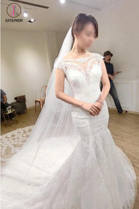 White Cap Sleeves Mermaid Court Train Tulle Wedding Dress with Lace Applique KPW0105