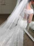 White Cap Sleeves Mermaid Court Train Tulle Wedding Dress with Lace Applique KPW0105