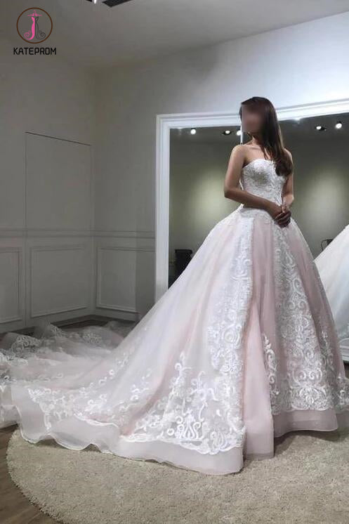 Gorgeous Ball Gown Baby Pink Lace Appliques Wedding Gown,Princess Brid kateprom Gorgeous Ball Gown Baby Pink Lace Appliques Wedding Gown,Princess Brid kateprom