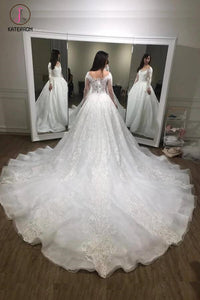 Luxurious Ball Gown Long Sleeves Court Train White Lace Applique Wedding Dress KPW0107