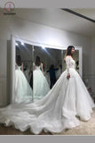 Luxurious Ball Gown Long Sleeves Court Train White Lace Applique Wedding Dress KPW0107