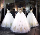 White Strapless Sweetheart Floor-length Ball Gown Bridal Dress with Gold Lace Appliques KPW0108
