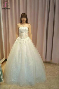 Elegant Strapless Floor-length Ball Gown Wedding Dress with Flowers,Prom Gown KPW0109