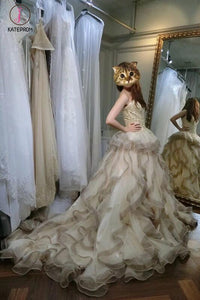 Gorgeous Beige Sweetheart Gray Ruffles Court Train Wedding Dress with Gold Top KPW0110