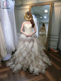 Gorgeous Beige Sweetheart Gray Ruffles Court Train Wedding Dress with Gold Top KPW0110