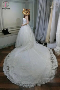 White Sweetheart Ball Gown Beading Lace Appliques Court Train Wedding Dress KPW0111