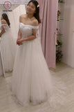 Ivory A-line Floor-length Off-the-shoulder Tulle Bridal Dress with Shoulder Yarn KPW0114
