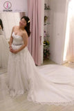 A-line Strapless Lace Appliques Court Train Wedding Dress with Beading Waist KPW0115