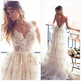 Sexy Spaghetti Straps V-neck Backless Lace Prom Dress,Beach Wedding Dresses KPW0113