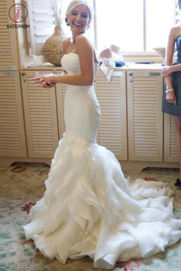 Strapless Mermaid Sweetheart Ruffles Sweep Train Organza Satin Wedding Dresses KPW0120