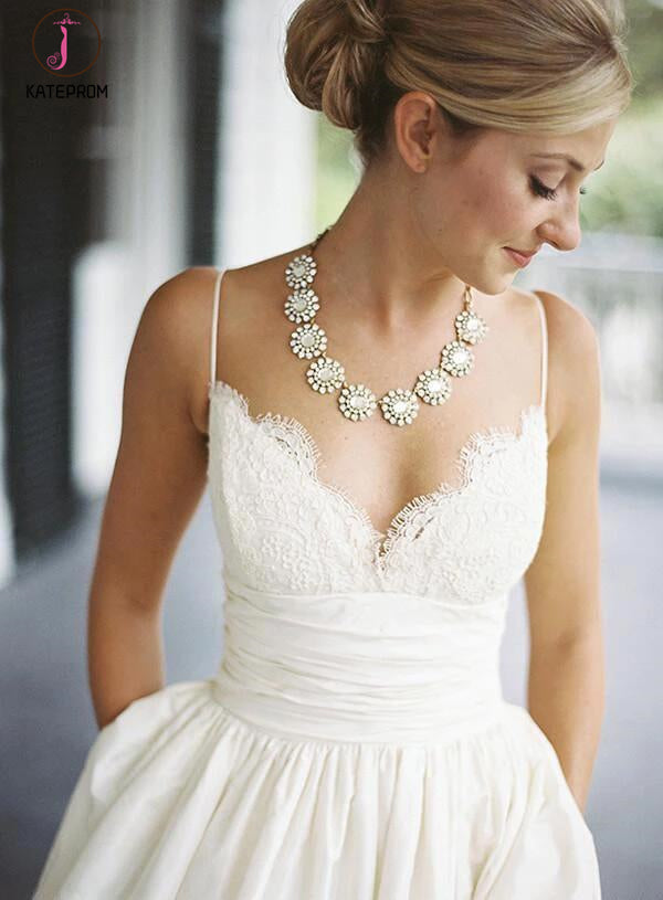 A-line V-neck Sleeveless Spaghetti Strap Lace Wedding Dress,Beach Wedd –  kateprom
