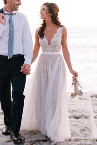 Elegant A Line Scoop Neck Sleeveless Lace Tulle Beach Wedding Dress,Bridal Gown KPW0122