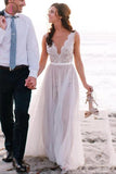 Elegant A Line Scoop Neck Sleeveless Lace Tulle Beach Wedding Dress,Bridal Gown KPW0122