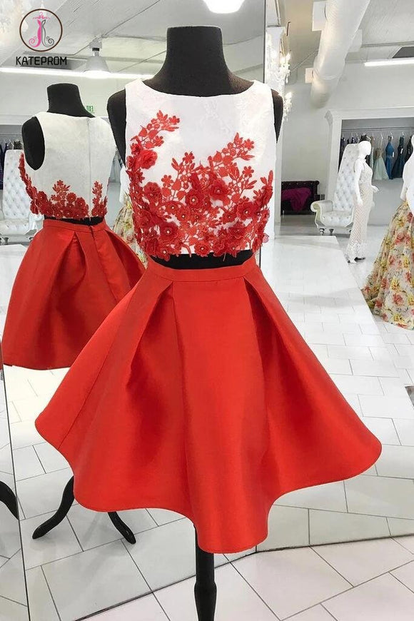 Red Two Piece Homecoming Dresses,Cute Appliqued Satin Homecoming Gown,Short Prom Dress KPH0105