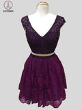Purple Beaded Bodice Cap Sleeves Homecoming Dresses,Two Piece Lace Homecoming Dress KPH0106