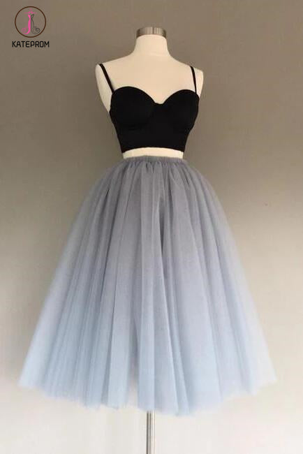 Two Piece Spaghetti Straps A-Line Gray Tulle Homecoming Dress,Sweetheart Tulle Prom Dresses KPH0107