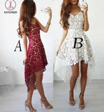 High-low Burgundy V-neck Straps Homecoming Dress Asymmetrical Lace Short Prom Dress KPH0108