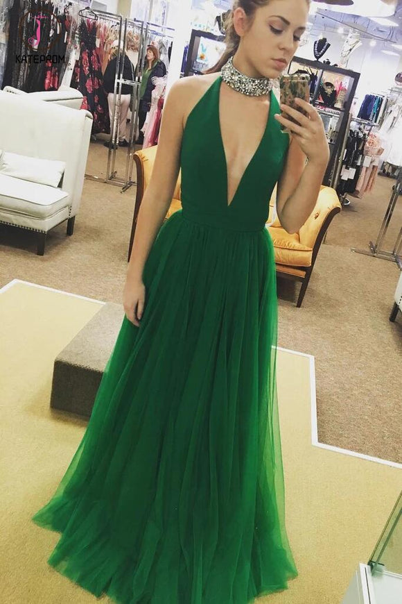 Hot Sexy Deep V-Neck Green Tulle Long Prom Dresses,A-line Sleeveless Cheap Prom Gowns KPP0212