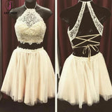 Beige Two Pieces Lace Top Halter Sleeveless Graduation Dress,Homecoming Dress for Teens KPH0109
