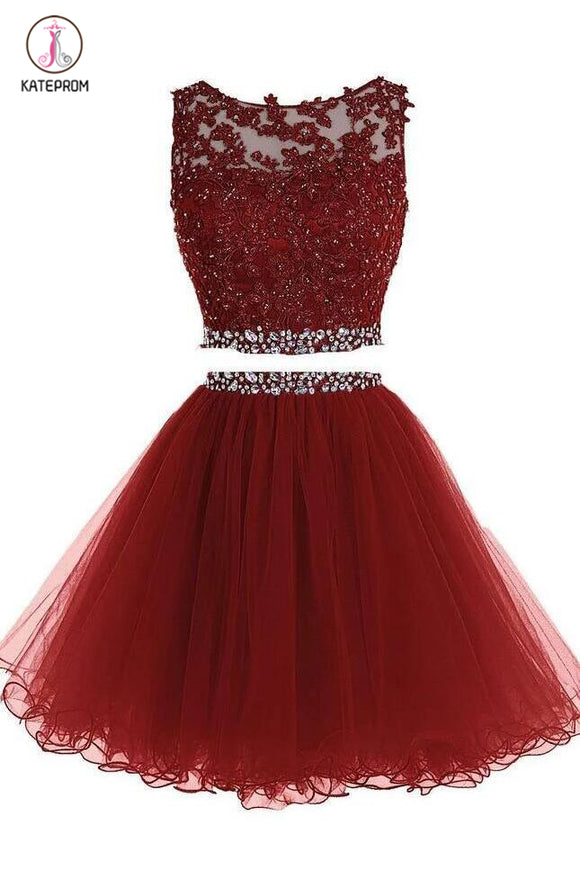 Two Piece Homecoming Dresses,A-line Tulle Appliqued Homecoming Gown with Beads KPH0110