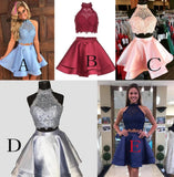 Princess Halter Two Piece Homecoming Dresses,Mini Sleeveless Lace Short Prom Dresses KPH0111