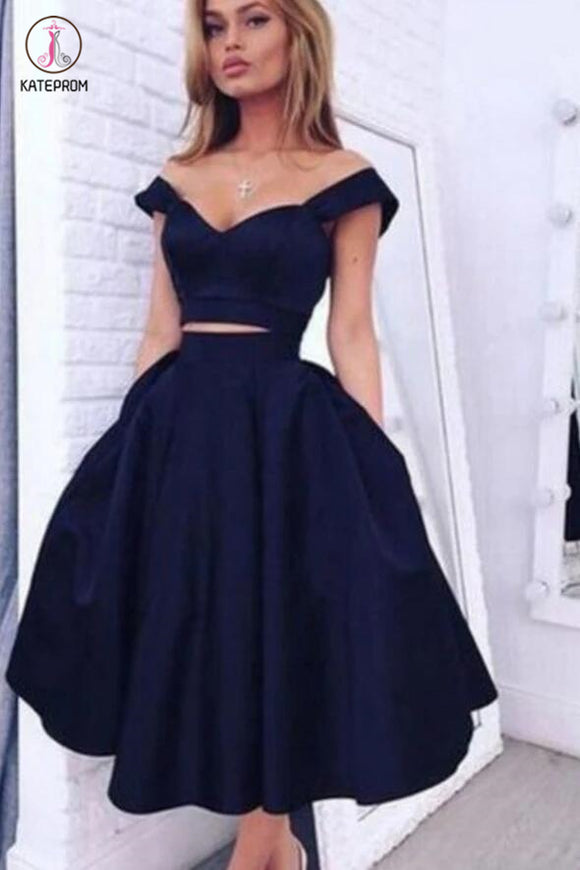Two Pieces Off Shoulder Navy Blue Short Homecoming Dresses,Short Prom Gowns KPH0112