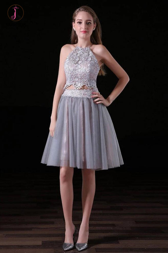 A-line Two Pieces Halter Backless Knee-length Tulle Homecoming Dress,Two Piece Prom Dresses KPH0113
