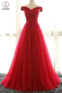 Red A line Tulle Off-shoulder Long Prom Dress,Red Evening Dress,Floor-length Prom Dress Long KPP0215