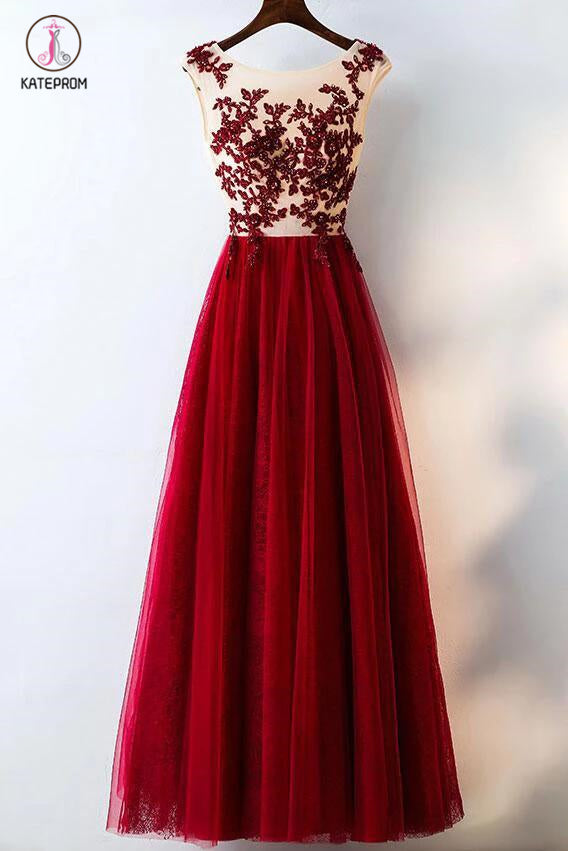 Burgundy Lace Applique Sleeveless Tulle Long Prom Dress with Beads,A-line Evening Dresses KPP0216