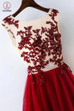 Burgundy Lace Applique Sleeveless Tulle Long Prom Dress with Beads,A-line Evening Dresses KPP0216