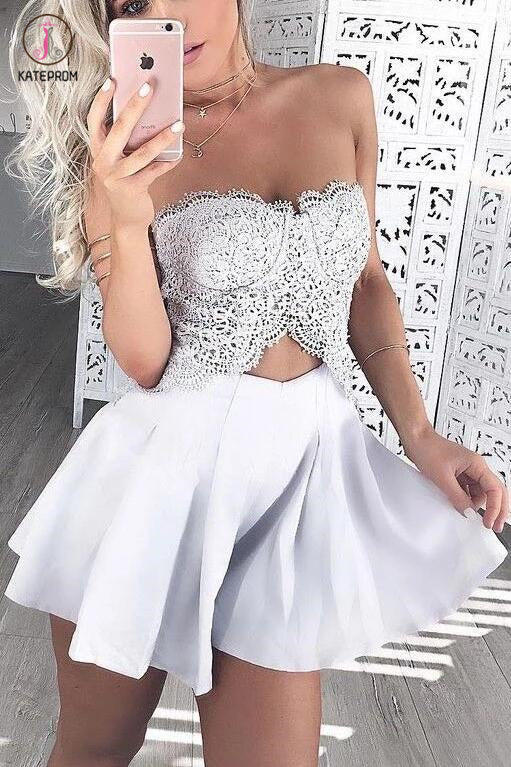 Two Pieces Cheap Strapless Lace Homecoming Dress,Satin Short Prom Dress,Party Dress KPH0115