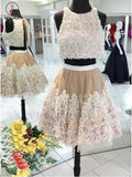 Two Pieces Tulle Appliques Sleeveless Homecoming Dresses,A-line Mini Party Dresses KPH0116