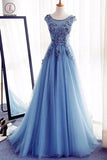 Appliques A-Line Sleeveless Ice Blue Tulle Prom Dresses Long,Evening Dresses KPP0217