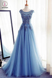 Appliques A-Line Sleeveless Ice Blue Tulle Prom Dresses Long,Evening Dresses KPP0217