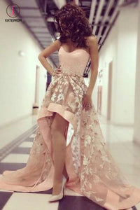 Light Blush Pink Strapless High Low Appliques Prom Dress,Tulle Long Evening Dress KPP0218