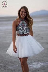 White A-line High Neck Two Piece Mini Tulle Homecoming Dress with Embroidery KPH0119