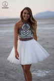 White A-line High Neck Two Piece Mini Tulle Homecoming Dress with Embroidery KPH0119